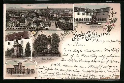 Lithographie Colmar, Jäger-Kaserne, Pfeffeldenkmal, Bruat-Denkmal