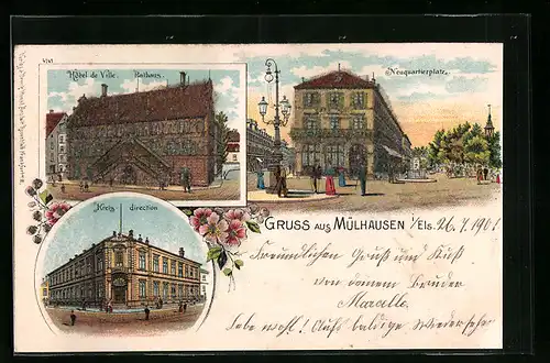 Lithographie Mülhausen i. Els, Rathaus, Neuquartierplatz, Kreisdirection