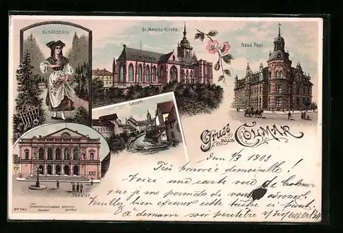 Lithographie Colmar, Neue Post, Elsässerin, Theater, Lauch