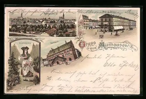 Lithographie Mülhausen i / E., Neu-Quartier, Rathaus, Elsässerin