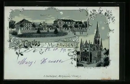 Mondschein-Lithographie Mülhausen i. E., Bahnhof, Evangelische Kirche