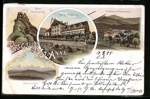 Lithographie St. Anna, Hotel, Ruine Freudenstein, Alpenpanorama