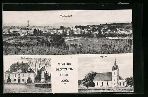 AK Blotzheim /O.-Els., Totalansicht, Rathaus, Kapelle