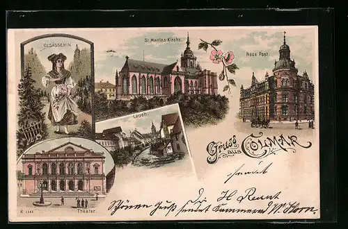 Lithographie Colmar, St. Martins-Kirche, Neue Post, Theater