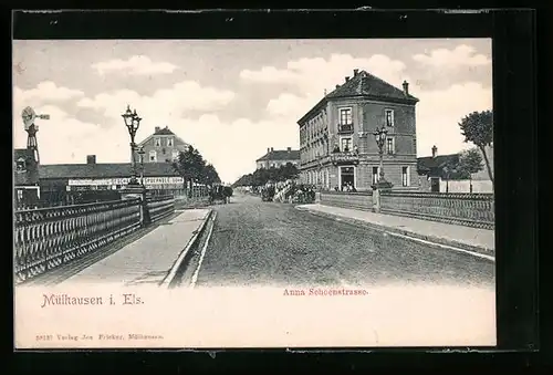 AK Mülhausen i. Els., Anna-Schoen-Strasse mit Gasthaus