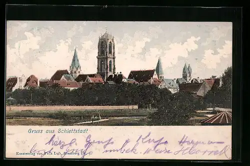 AK Schlettstadt, Panorama mit Kirche