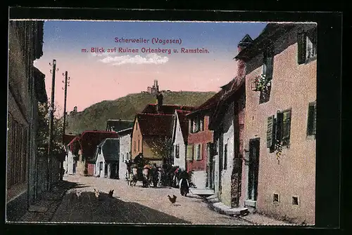AK Scherweiler /Vogesen, Strassenpartie mit Blick auf Ruinen Ortenberg und Ramstein