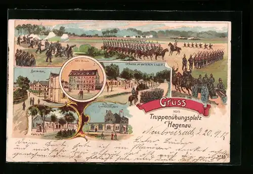 Lithographie Hagenau, Truppenübungsplatz, Hotel Hirsch, Restaurant zum Hohenzollern