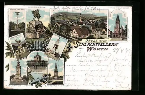 Lithographie Wörth, Militär-Denkmäler, Gesamtansicht, Friedenskirche in Fröschweiler