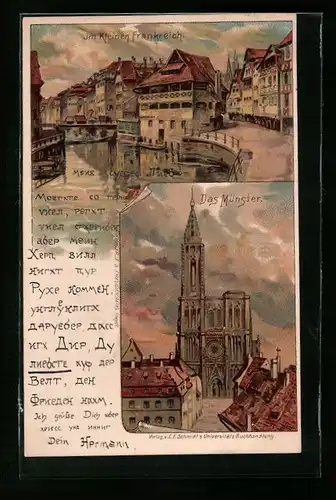 Lithographie Strassburg i. E., Münster, Strassenpartie im Kleinen Frankreich