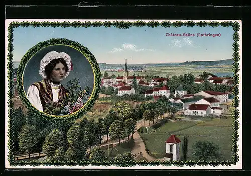 AK Château-Salins /Lothringen, Teilansicht mit Kirche, Frau in Tracht