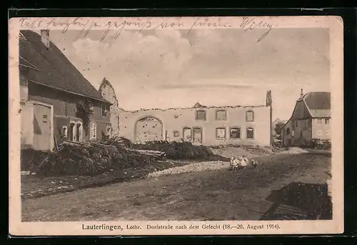 AK Lauterfingen /Lothr., Dorfstrasse nach dem Gefecht 1914