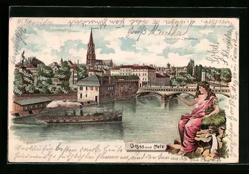Lithographie Metz, Ortsansicht mit Dampfer, Frauenfigur am Ufer, Relief