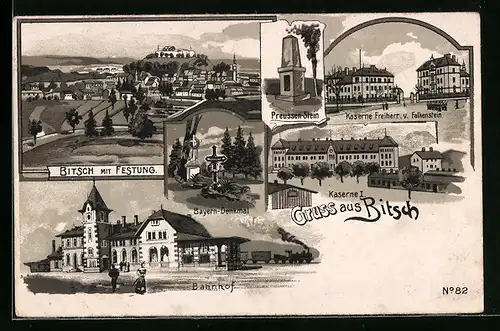 Künstler-AK Bitsch, Kaserne Freiherr von Falkenstein, Bahnhof, Preussen-Stein