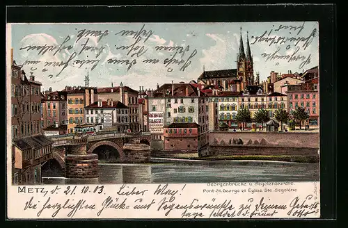Lithographie Metz, Georgenbrücke und Segolenakirche