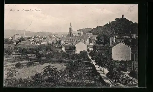 AK Forbach /Lothr., Ortsansicht mit Garten und Bergen