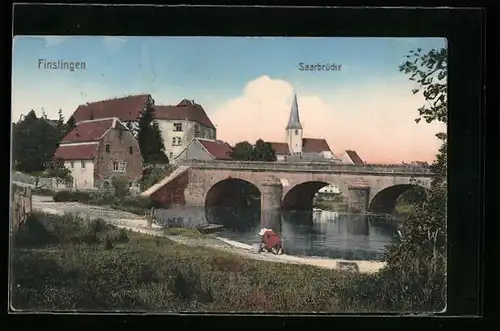 AK Finstingen, Ortsansicht mit Saarbrücke