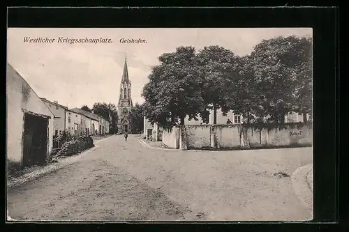 AK Gellshofen, Strassenpartie mit Mauer und Kirche