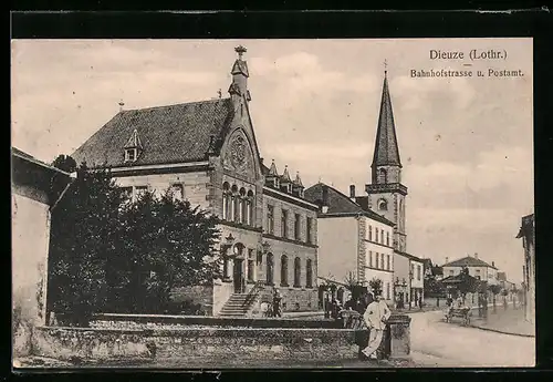 AK Dieuze i. Lothr., Bahnhofstrasse und Postamt