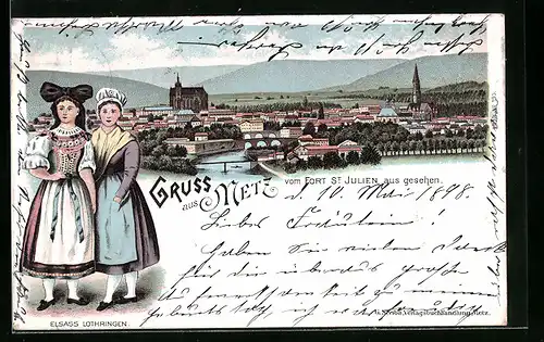 Lithographie Metz, Blick vom Fort St. Julien auf den Ort