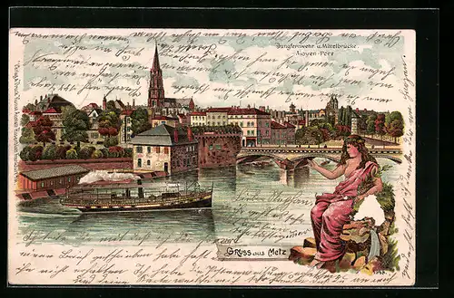 Lithographie Metz, Jungfernwehr u. Mittelbrücke Moyen-Port