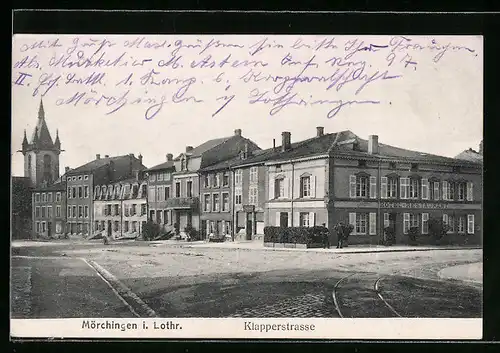 AK Mörchingen i. Lothr., Klapperstrasse mit Hotel-Restaurant