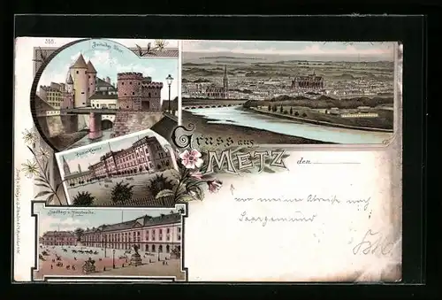 Lithographie Metz, Pionier-Kaserne, Deutsches Thor, Stadthaus u. Hauptwache