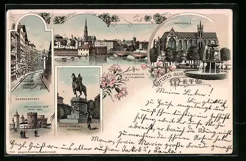 Lithographie Metz, Kathedrale, Jungfernwehr u. Mittelbrücke, Gerbergraben