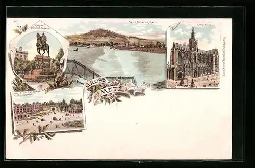 Lithographie Metz, Veste Friedrich Karl, Kathedrale, Kaiser Wilhelm I.-Denkmal, Prinz Friedrich Karl Kaserne