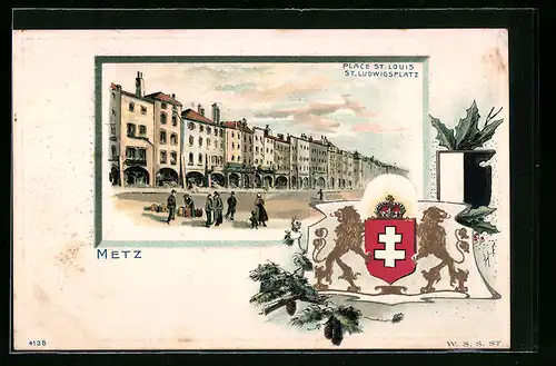 Passepartout-Lithographie Metz, St. Ludwigsplatz, Wappen