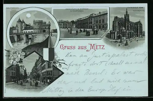 Mondschein-Lithographie Metz, Deutsches Tor, Römerstrasse, Kathedrale vom Paradeplatz