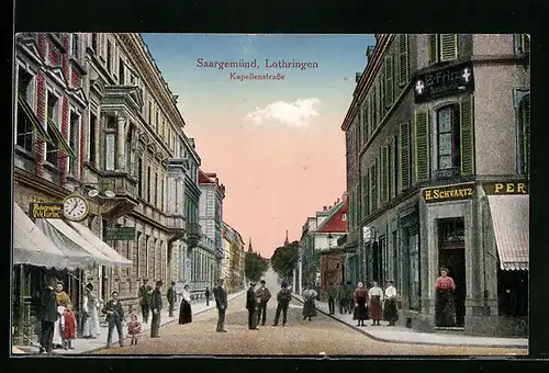 AK Saargemünd /Lothringen, Kapellenstrasse mit Geschäften