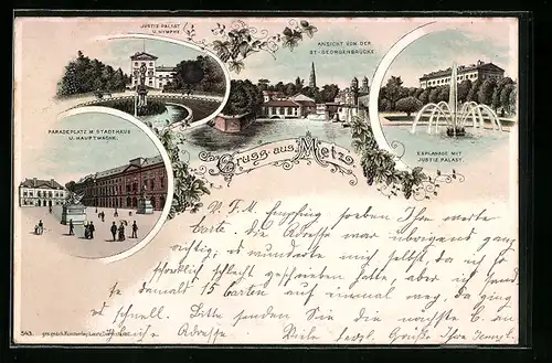 Lithographie Metz, Ansicht von der St-Georgenbrücke, Justiz-Palast und Nymphe, Paradeplatz mit Stadthaus und Hauptwache