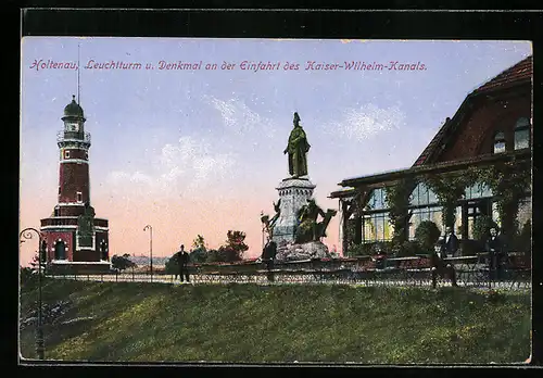 AK Holtenau, Leuchtturm und Denkmal an der Einfahrt des Kaiser Wilhelm-Kanals