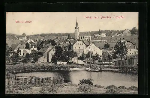 AK Deutsch Einsiedel, Ortsansicht mit Kirche und Gerlachs Gasthof