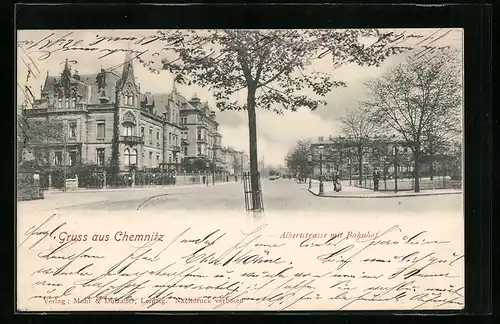 AK Chemnitz, Albertstrasse mit Bahnhoff