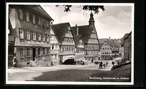 AK Backnang, Marktstrasse mit Gasthaus zum Löwen und Rathaus