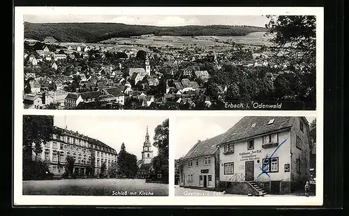 AK Erbach i. Odenwald, Gasthaus zum Eck, Schloss mit Kirche, Teilansicht