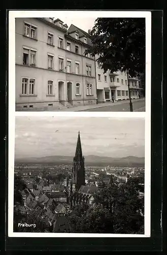AK Freiburg, Teilansicht mit Kirche, Strassenpartie