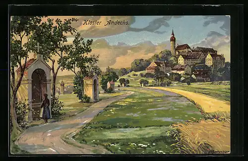 Künstler-AK Andechs, Wegpartie zum Kloster