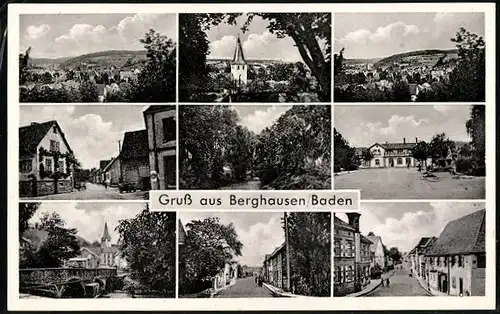 AK Berghausen b. Durlach /Baden, Ortspartie, Brücke, Strassenpartie