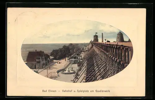 Präge-AK Bad Elmen, Bahnhof und Spielplatz am Gradierwerk, Passepartout