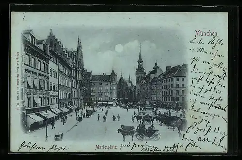 Mondschein-AK München, Marienplatz mit Geschäften und Denkmal