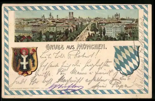 Lithographie München, Teilansicht mit Strassenpartie, Wappen