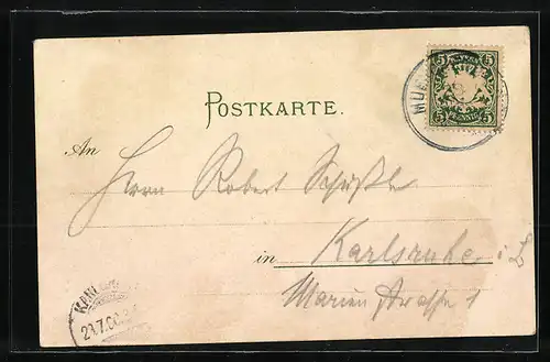 Lithographie München, Teilansicht mit Strassenpartie, Wappen