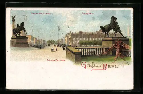 Lithographie Berlin, Unter den Linden mit Zeughaus und Schloss-Terrasse