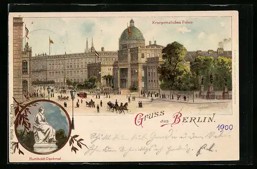 Lithographie Berlin, Humboldt-Denkmal und Kronprinzliches Palais