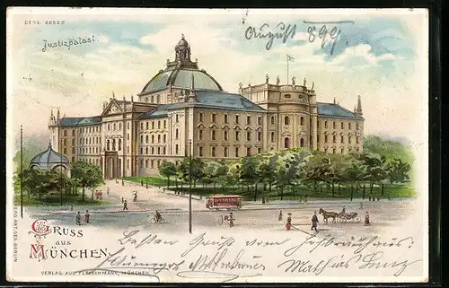 Lithographie München, Strassenbahn am Justizpalast, Mondschein und Fensterbeleuchtung