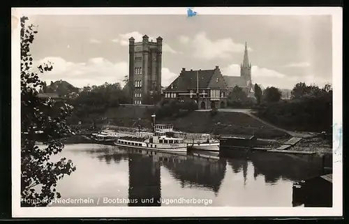 AK Homberg /Niederrhein, Bootshaus und Jugendherberge mit Dampfer