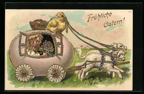 AK Lämmer ziehen Osterei-Wagen, Osterküken